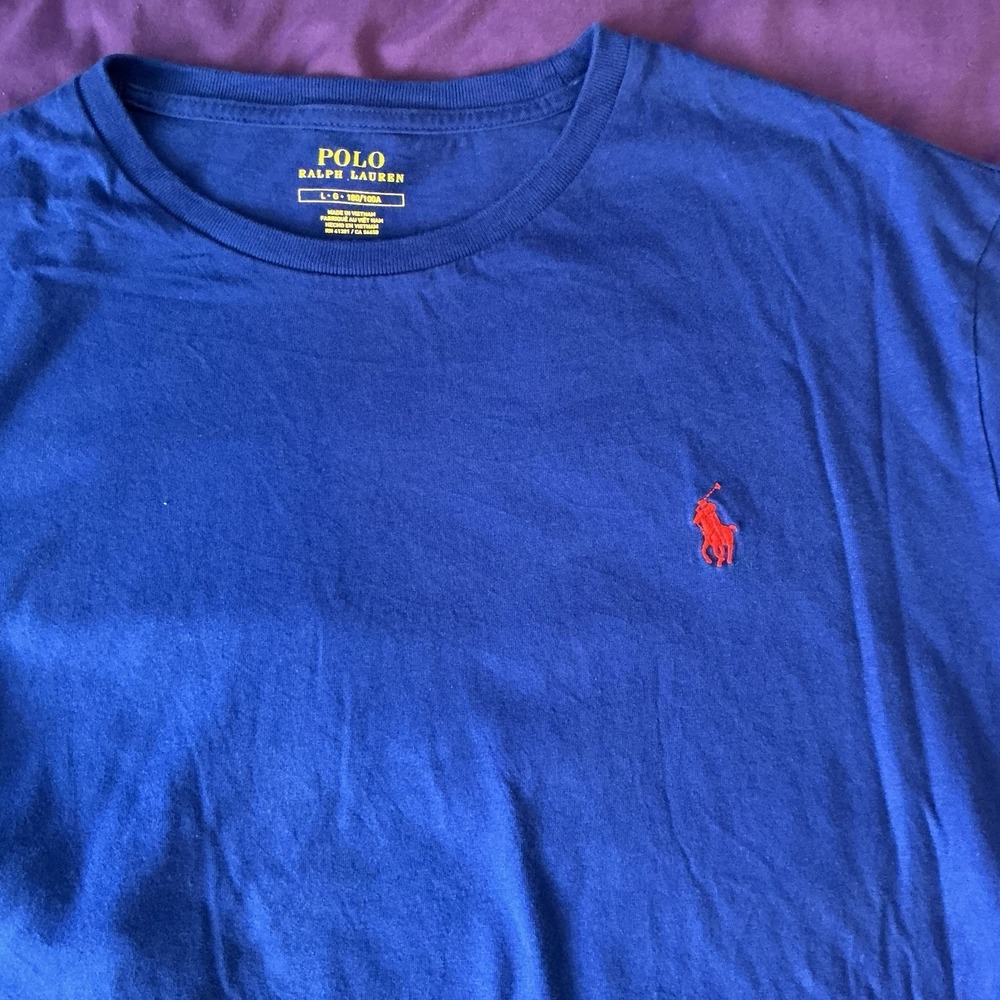Polo Ralph Lauren Mens Blue Cotton Crewneck‎ T-Shirt Red Pony Logo Size Large